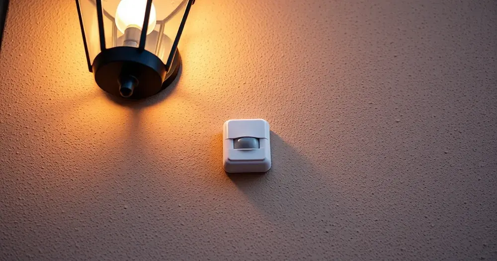 Sensor de presença branco instalado em parede externa abaixo de uma luminária