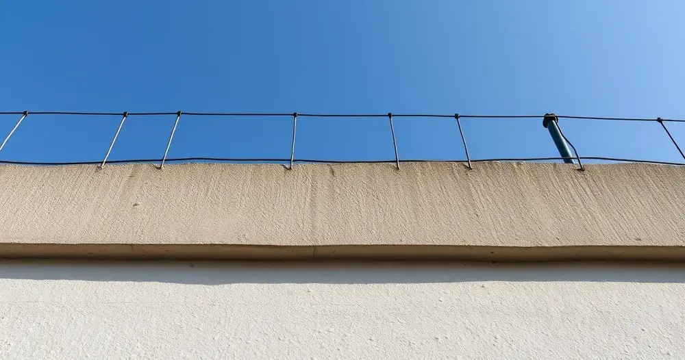 Topo de muro residencial com hastes e fios de cerca elétrica sob céu azul